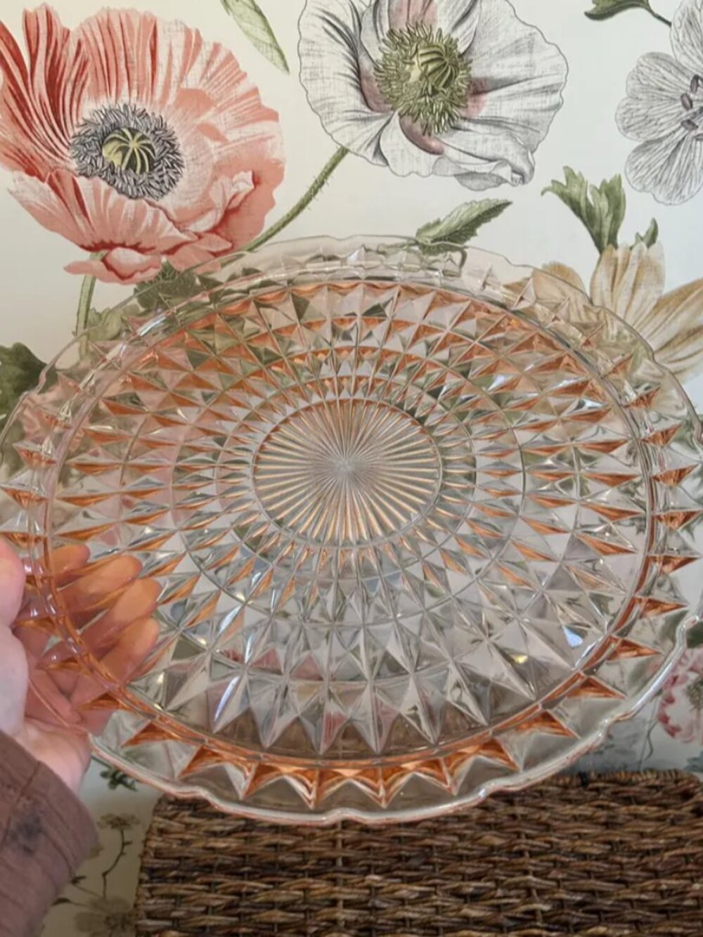 Vintage Blush Pink Pressed Glass Starburst Platter Decorative Round Tray